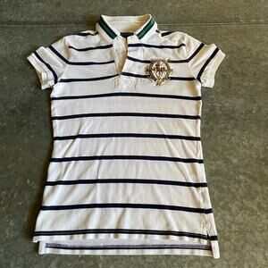 Vintage Ralph Lauren Gold Crest Striped Polo Shirt Boys Youth Small 90s Y2K Blue